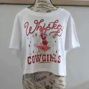 PROTREND | Women's White/Red/Pink Oversized Cropped Whiskey Cowgirls Shi…